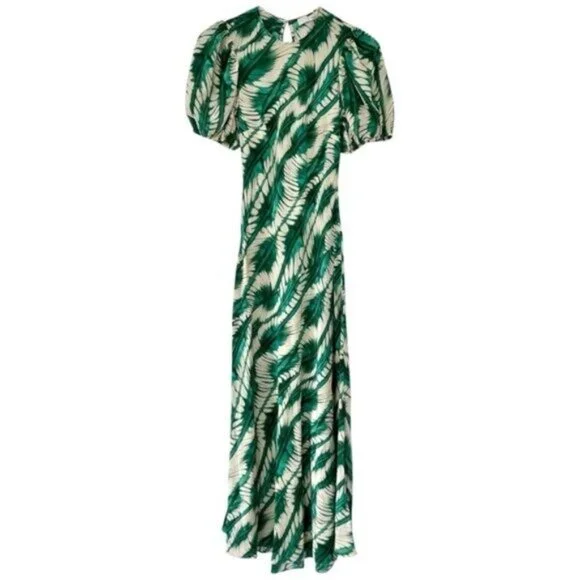 Ulla Johnson Ines Acacia Green Puff Sleeve Printed Silk Midi Dress Size 0 - Picture 3 of 12